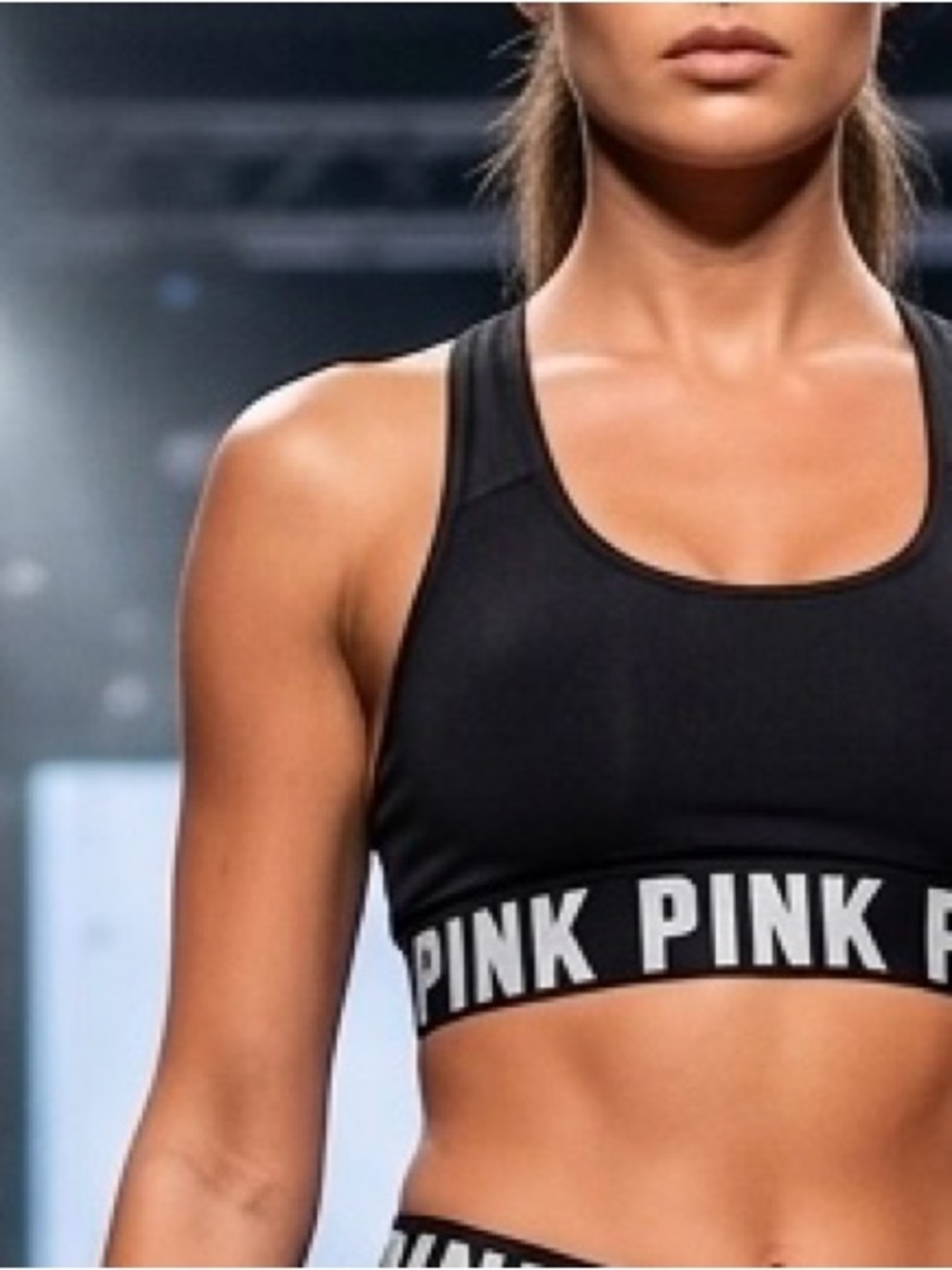 PINK Victoria's Secret Black Racerback Sports Bralette with White Logo Band